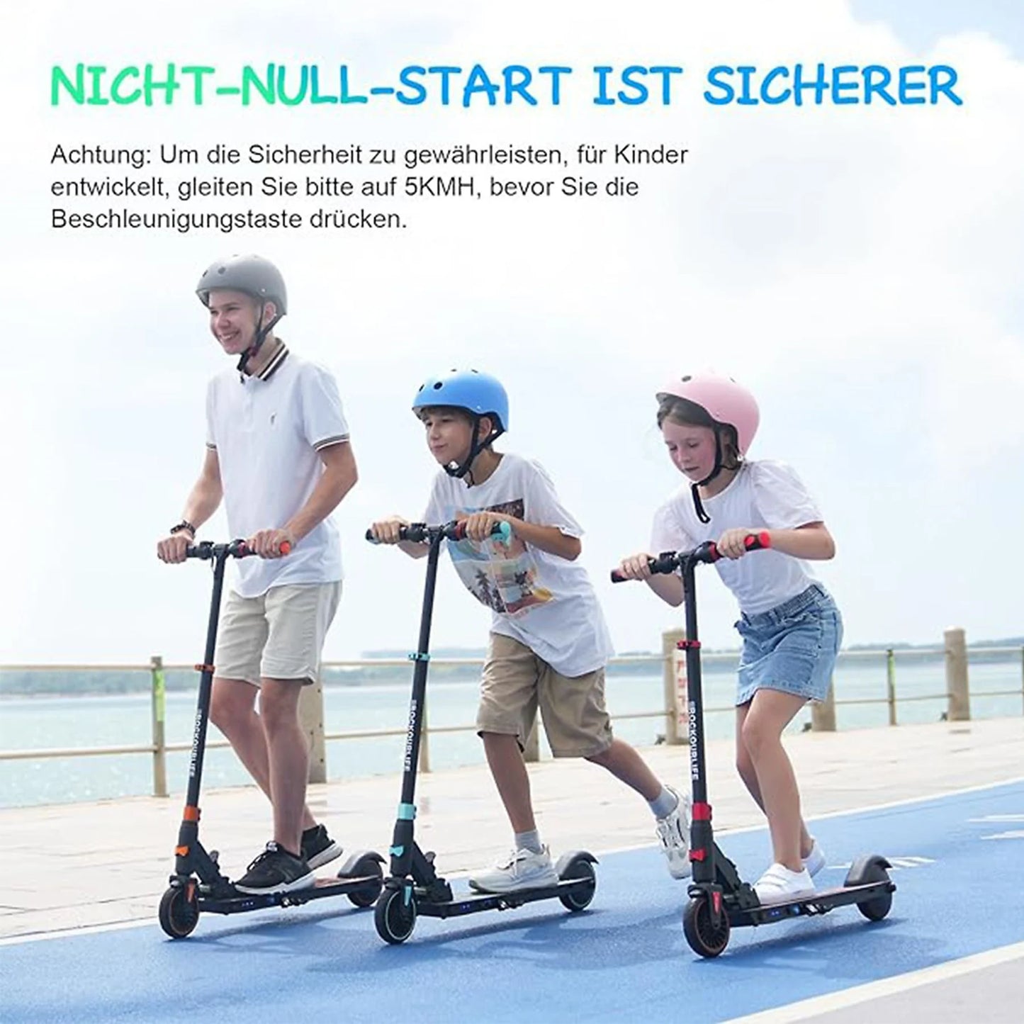 Drei Kinder fahren R15 Kid E-Scooter, Text "Nicht-Null-Start ist sicherer"