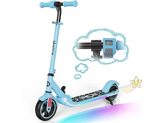 Blauer R11 Kid E-Scooter mit grafischer Darstellung des Motors und einem Stern