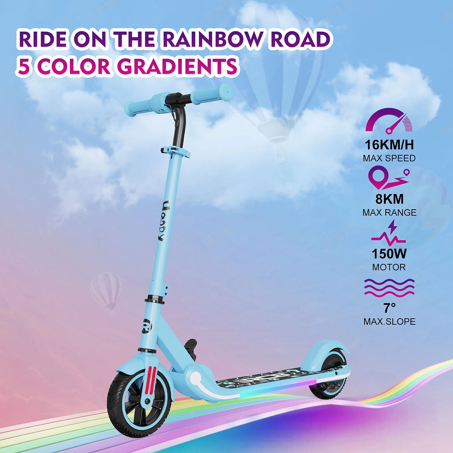 Blauer R11 Kid E-Scooter auf einer Regenbogenstraße mit fünf Farbverläufen