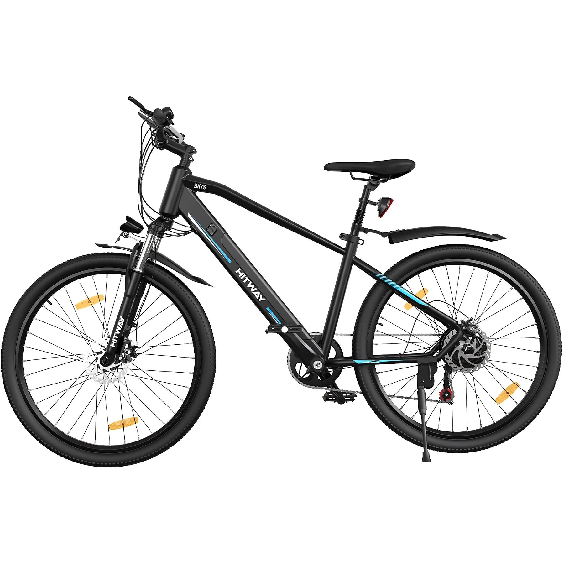 Side view of the HITWAY BK7S E-Bike featuring 7-speed transmission, 26-inch wheels, and sturdy aluminum frame.