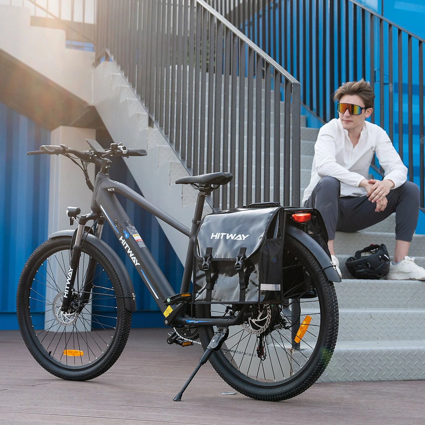 HITWAY BK7S E-Bike parked with saddle bags, perfect for urban commuting and carrying cargo