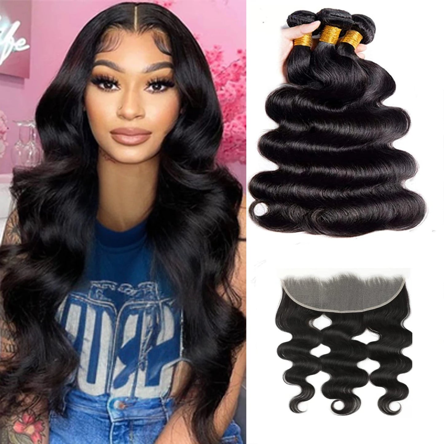 Eine Frau trägt LavishBeauty Body Wave Virgin Hair Bundles mit einem passenden 13x4 HD Lace Frontal, das einen harmonischen, welligen Stil und natürliche Schönheit bietet.