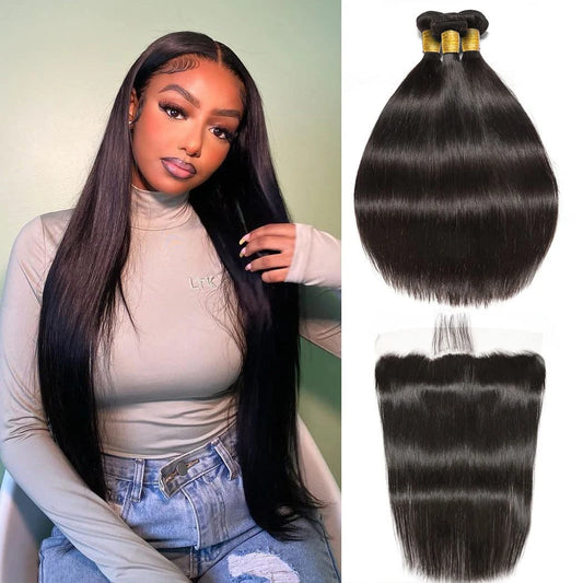 Eine Frau mit einem stilvollen Straight Hair Look von LavishBeauty, ergänzt durch ein 13x4 Lace Frontal, demonstriert die nahtlose Schönheit von 3 Bundles brasilianischen Virgin-Haares in natürlicher Farbe.