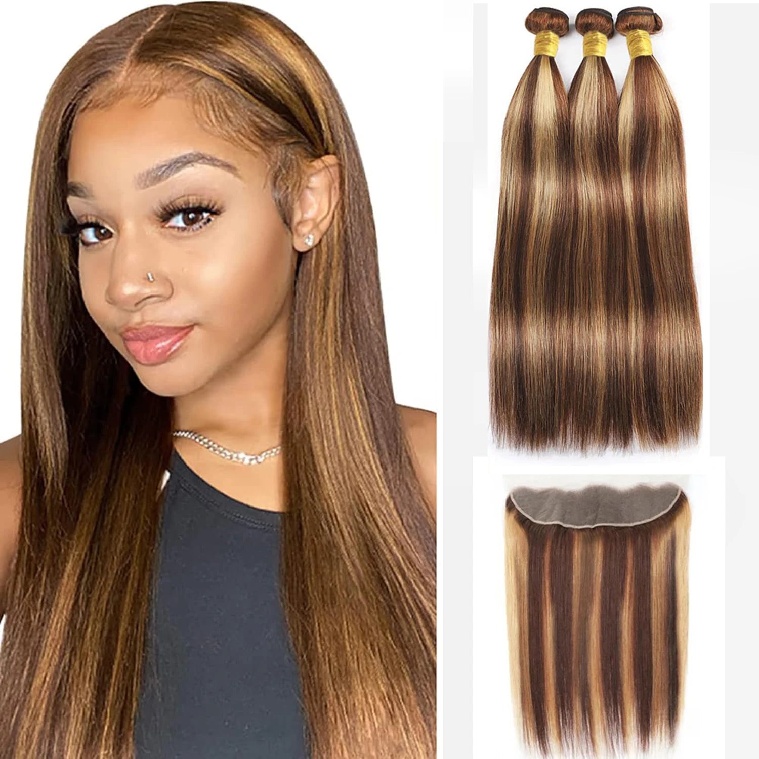 LavishBeauty Brazilian Straight Hair Bundles mit P4-27 Highlights und einem natürlichen HD Lace Frontal für ein nahtloses, natürlich aussehendes Haarstyling