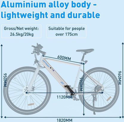 Größenangaben des HITWAY BK19 E-Bikes, Aluminiumrahmen und geeignet für Fahrer über 175cm