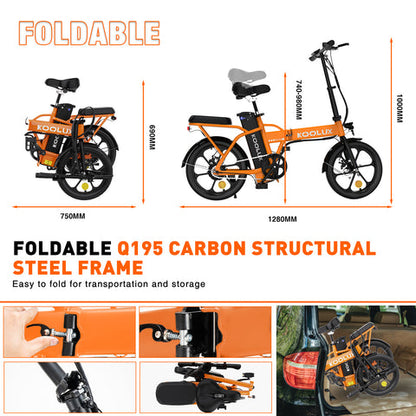 KOOLUX BK5S Folding E-Bike, 16" x 3.0 Tires, 250W Motor