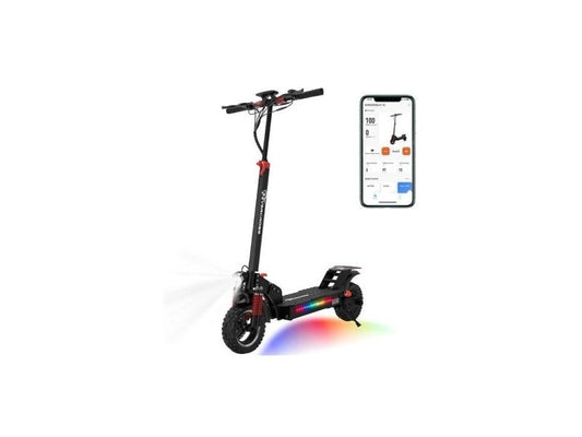 Der HITWAY H7-HB24Max E-Scooter mit leuchtenden Unterboden-LEDs und einer Smartphone-App zur Steuerung und Überwachung der Scooter-Funktionen. Der Scooter hat ein robustes Design mit breiten Off-Road-Reifen und ist ideal für verschiedene Geländearten.