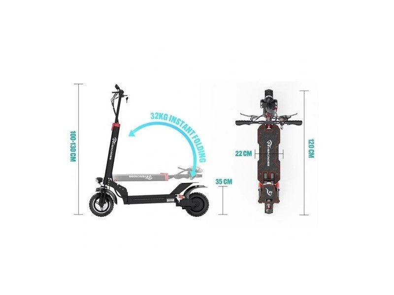 Seiten- und Draufsicht des zusammenklappbaren HITWAY H7-HB24Max E-Scooters, der das kompakte Faltmaß von 120 cm Länge, 22 cm Breite und 35 cm Höhe sowie das Gewicht von 32 kg zeigt.