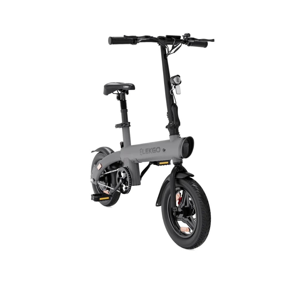 Schrägansicht des EG01 Folding E-Bikes von ELEKGO in Grau, das die Vorderseite zeigt.