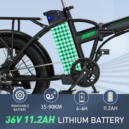 KOOLUX KL-BK11 Folding E-Bike featuring a 36V 11.2Ah lithium battery with a range of 35-90 km and 4-6 hours charging time.