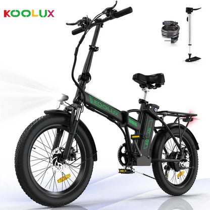 KOOLUX KL-BK11 Folding E-Bike with 250W motor, 20-inch fat tires, and rear rack, ideal for commuting.