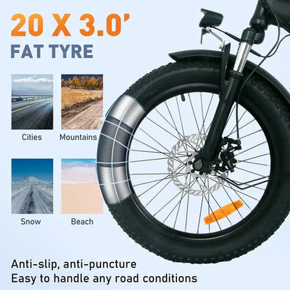 KOOLUX KL-BK11 E-Bike's 20-inch fat tires, designed for stable rides on all terrains, including cities, mountains, and beaches.