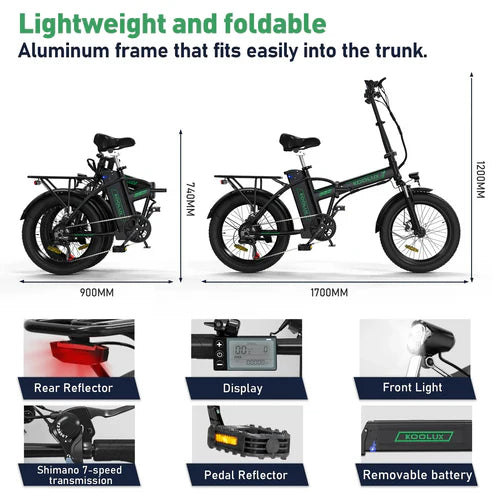 Lightweight and foldable KOOLUX KL-BK11 E-Bike, easy to store with compact folding dimensions of 900mm by 740mm.