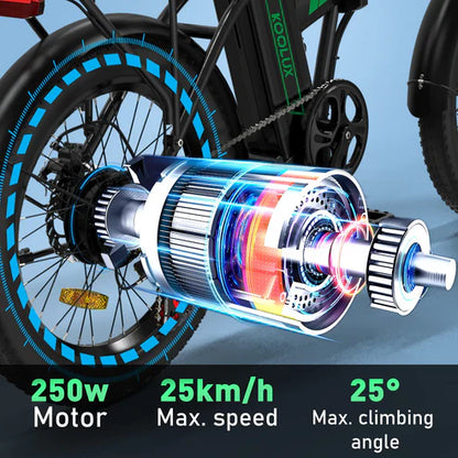 250W motor of the KOOLUX KL-BK11 E-Bike, providing a top speed of 25km/h and the ability to climb 25-degree inclines.