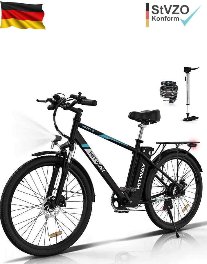 BK3S E-Bike von HITWAY mit StVZO-Konformität, schwarz-blauer Rahmen, inkl. Zubehör wie Pumpe und Schloss, geeignet für den deutschen Straßenverkehr.