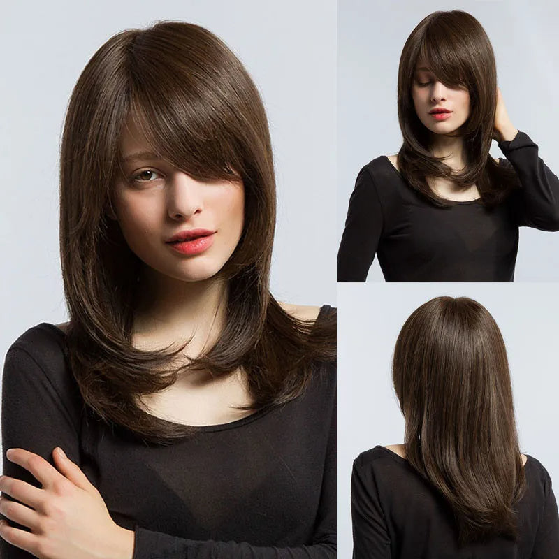 12-Zoll Dunkelbraune Glatte Synthetic Wig mit sanftem Pony und 13x4 Lacefront, Élégance Coiffée Kollektion.