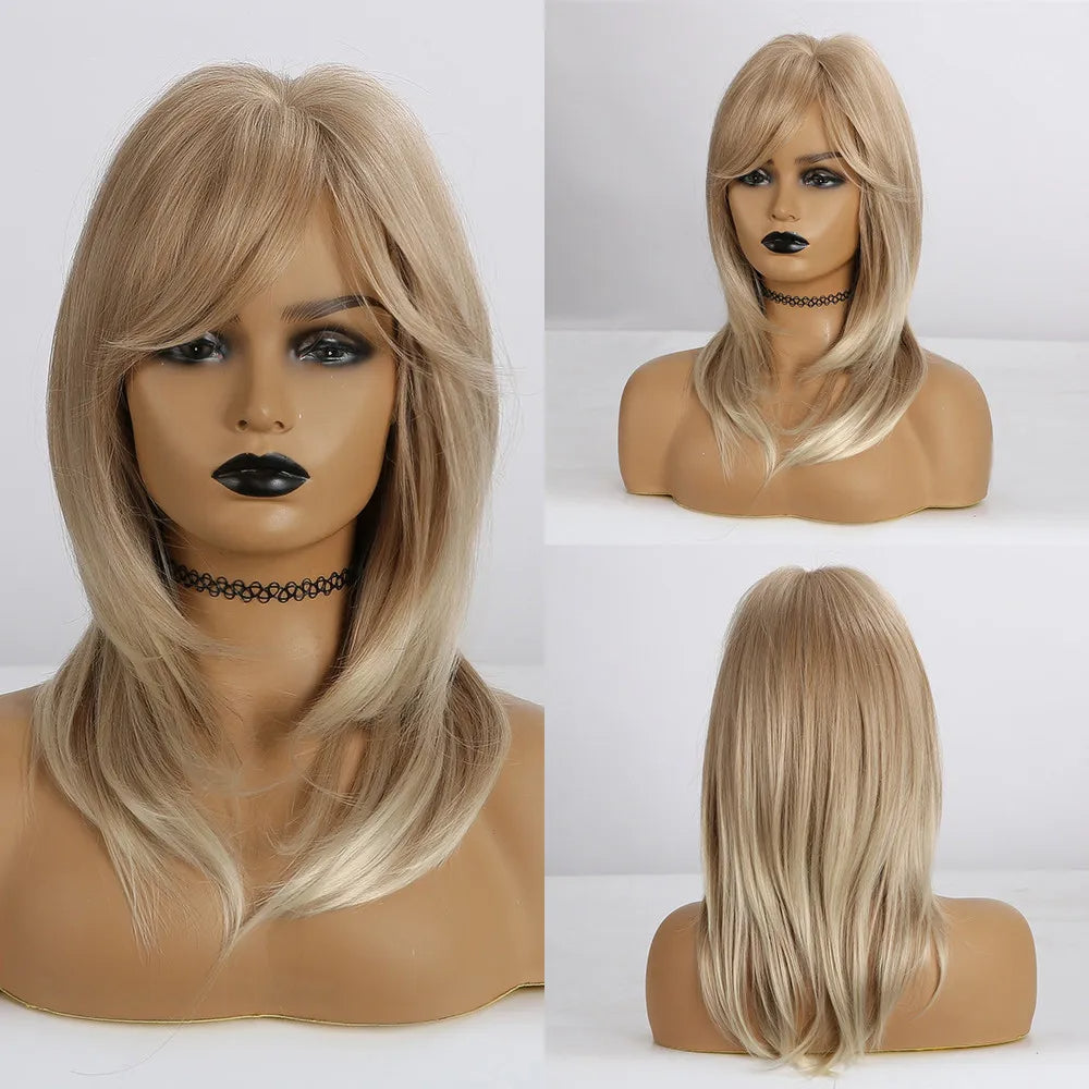 12-Zoll Blonde Layered Synthetic Wig mit sanftem Pony und 13x4 Lacefront.