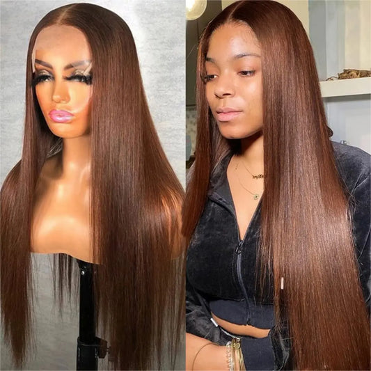 Schokobraune Lace Front Perücke aus Echthaar mit Baby Hair - Gerade Lace Frontal Perücke 13x4 Pre Plucked Hairline #4 150 Density