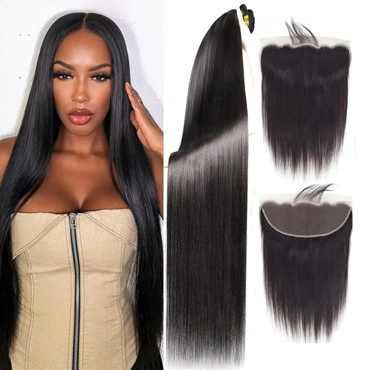 Eine Frau trägt LavishBeauty Straight Brazilian Virgin Hair Bundles kombiniert mit einem 13x4 HD Lace Frontal, die ein glattes und natürliches Finish bieten.