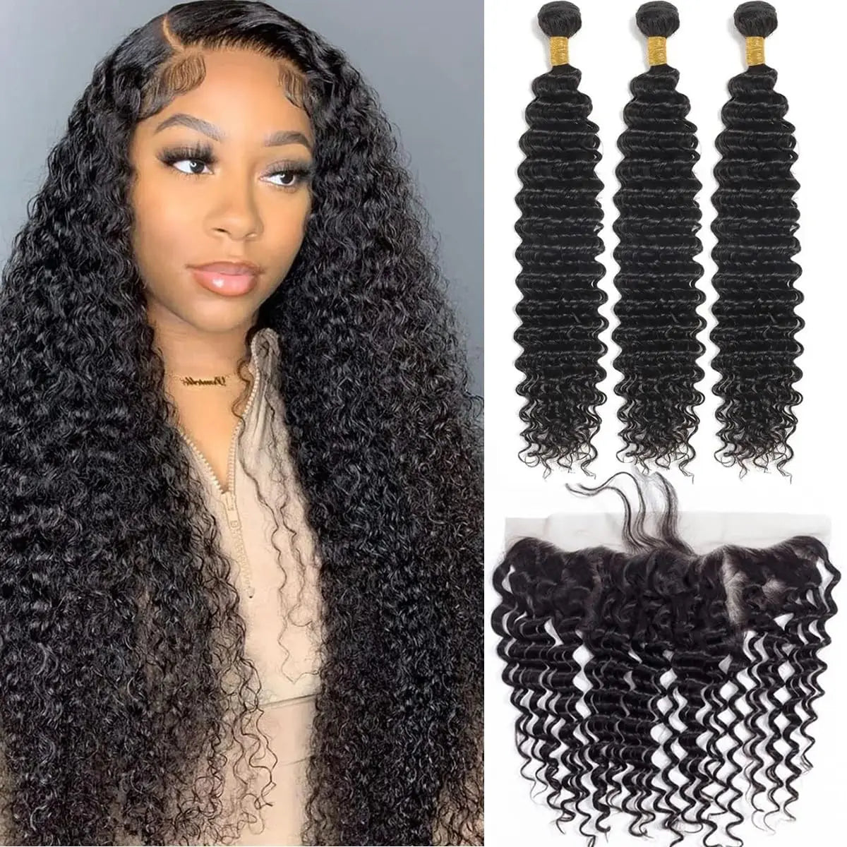 Eine Frau zeigt ihre LavishBeauty Deep Wave brasilianischen Haarverlängerungen mit einem 13x4 Ear To Ear transparenten Lace Frontal, natürlich und frei von chemischen Prozessen.