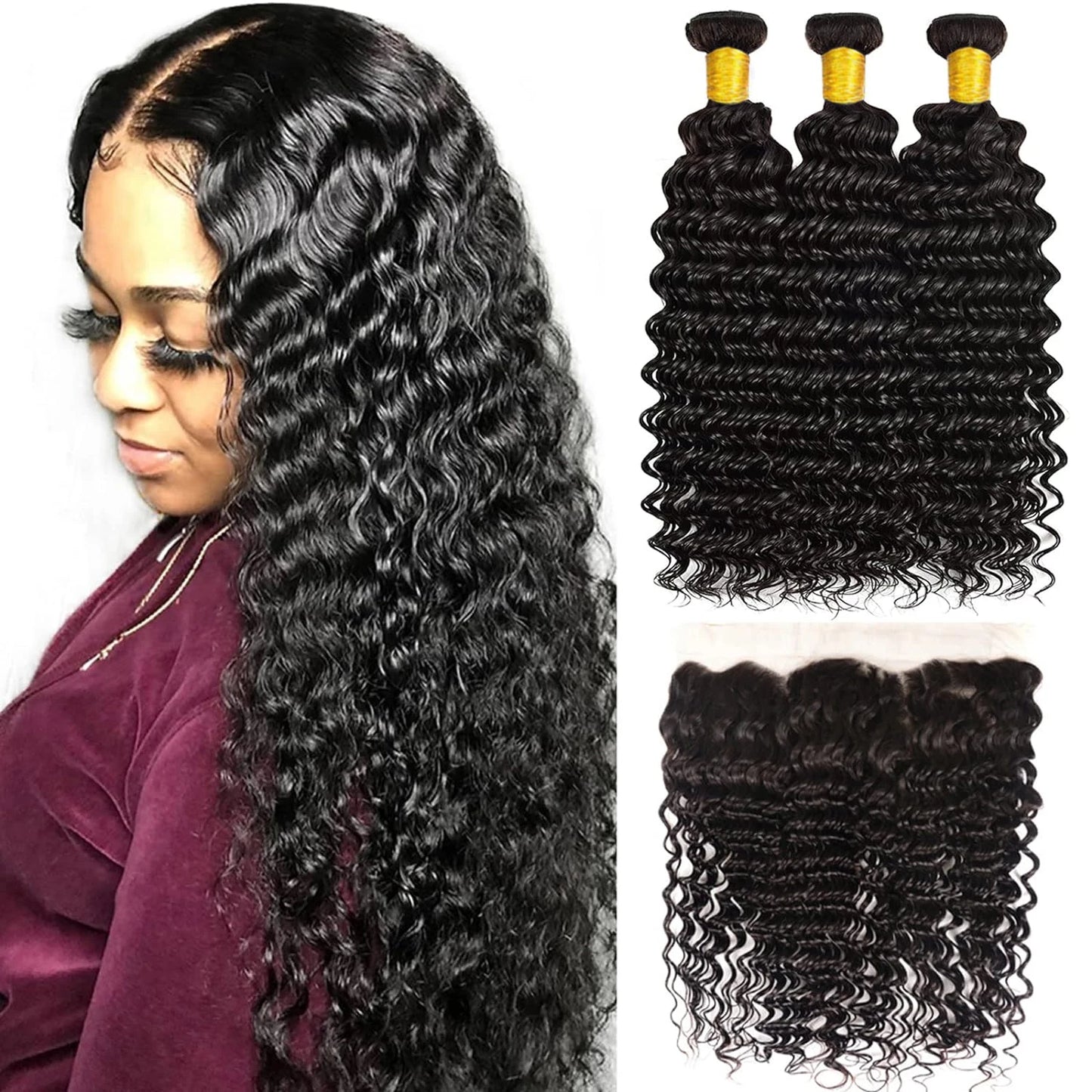 LavishBeauty Deep Wave Haarverlängerungen in natürlicher schwarzer Farbe mit einem 13x4 transparenten Lace Frontal, aus 100% brasilianischem Echthaar für Black Women.