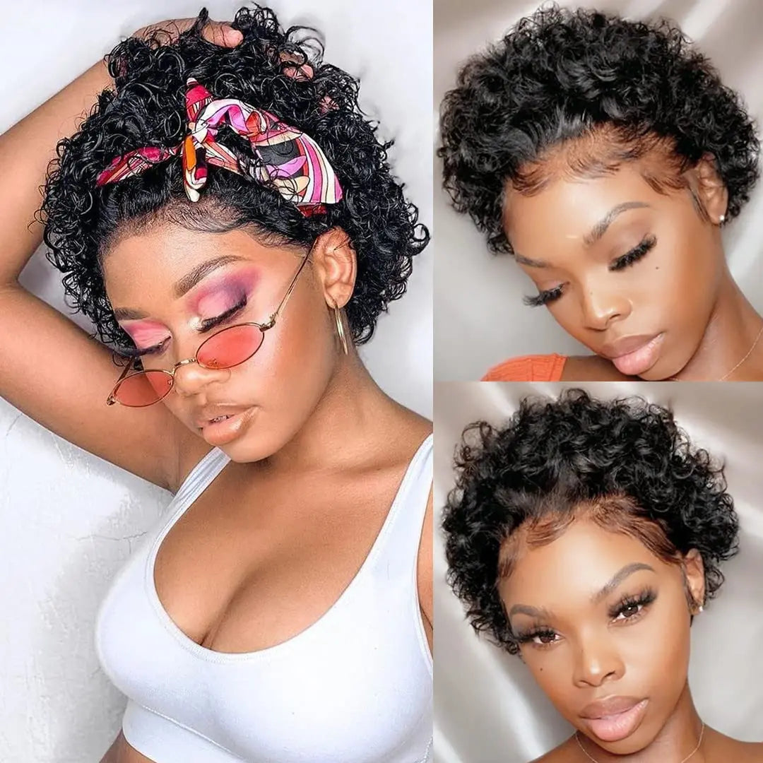 "Lockiger Pixie Cut Perücke Kurzer Bob Echthaar Lace Front Perücken Vorgezupft Mit Babyhaaren Deep Curly Klebstofffreie Bob Perücken  Für Frauen 1B"