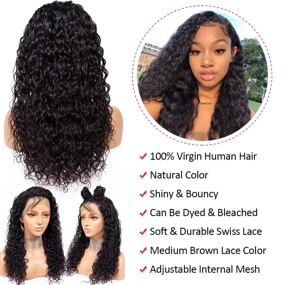 "Natürliche Lockenpracht" - 13x4 Water Wave Lace Front Perücken aus Echthaar, vorgezupft, mit Babyhaaren für schwarze Frauen (Farbe: #1B)