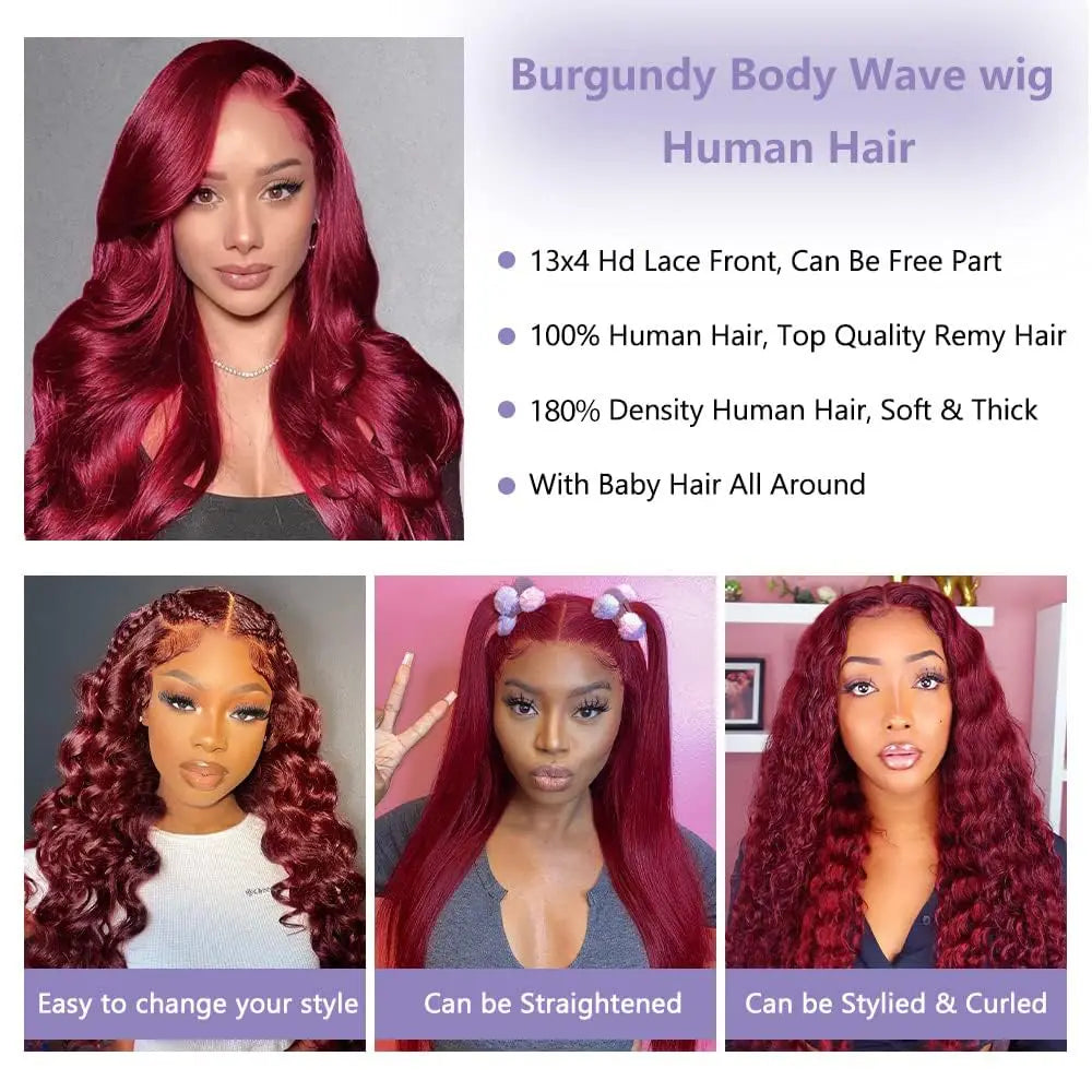 Tiefes Burgunder Spitzenfront Peruanische Body Wave Echthaar Perücke 99J - 13x4 Lace Front Perücke für schwarze Frauen - 150 Dichte