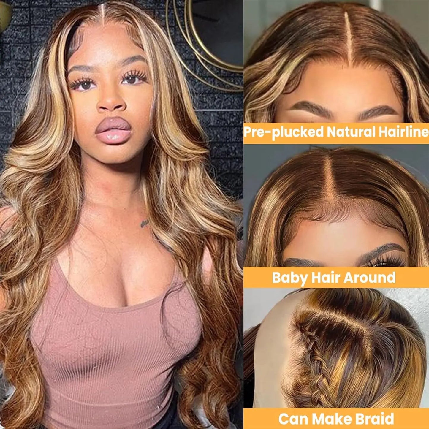 Hochwertige 30-Zoll 13x4 HD transparent Body Wave Lace Frontal Echthaar Perücke in 4/27 Honig Blond für Damen