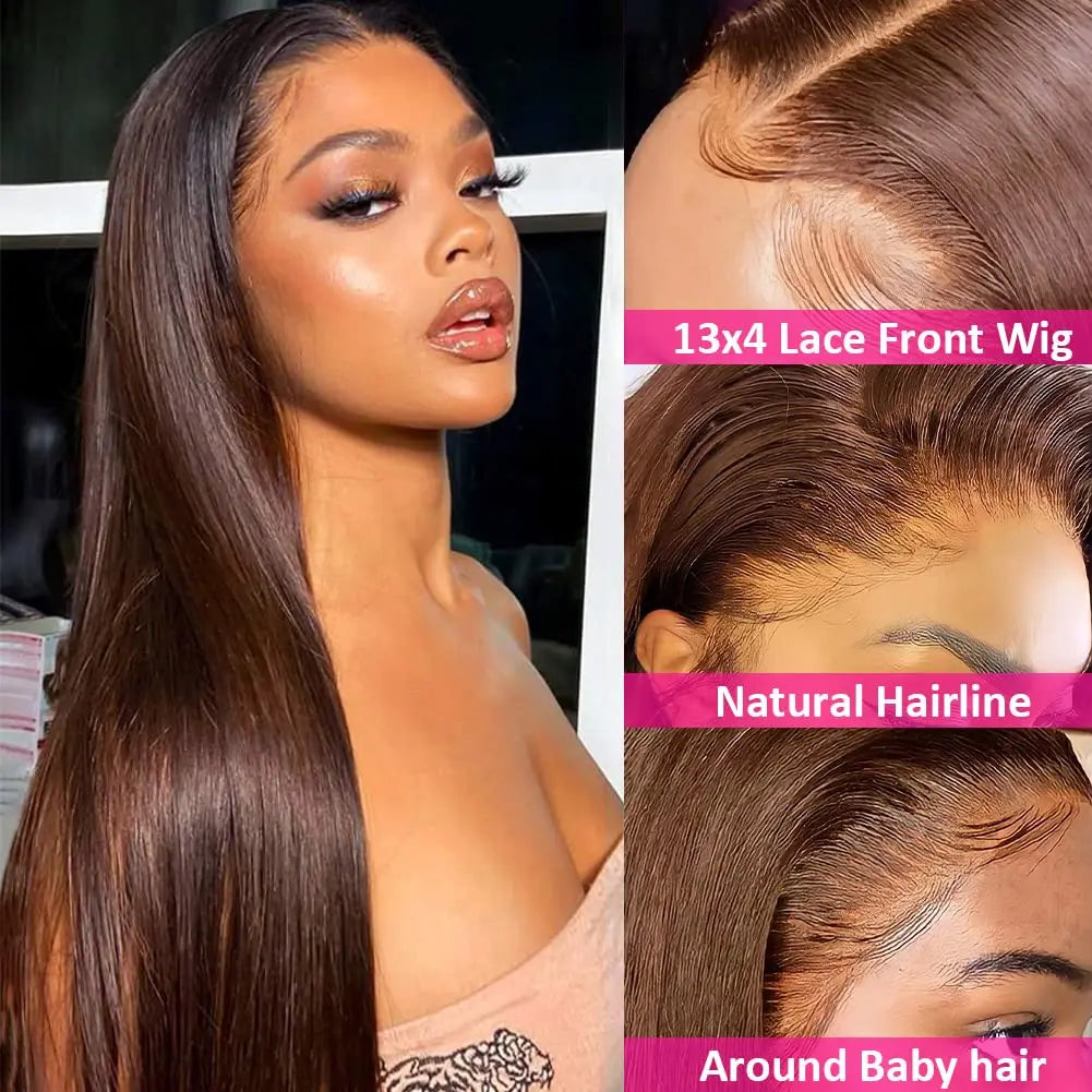 Schokobraune Lace Front Perücke aus Echthaar mit Baby Hair - Gerade Lace Frontal Perücke 13x4 Pre Plucked Hairline #4 150 Density