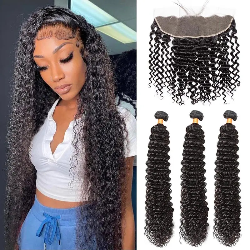 LavishBeauty Deep Wave brasilianische Haarverlängerungen mit einem transparenten 13x4 Lace Frontal für einen authentischen, volleren Look.