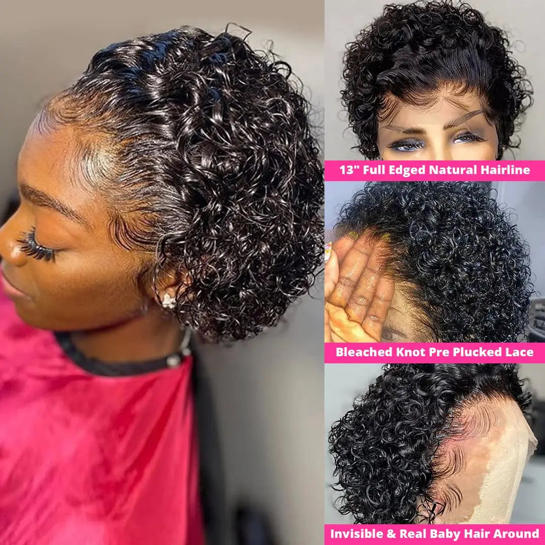 "Lockiger Pixie Cut Perücke Kurzer Bob Echthaar Lace Front Perücken Vorgezupft Mit Babyhaaren Deep Curly Klebstofffreie Bob Perücken  Für Frauen 1B"