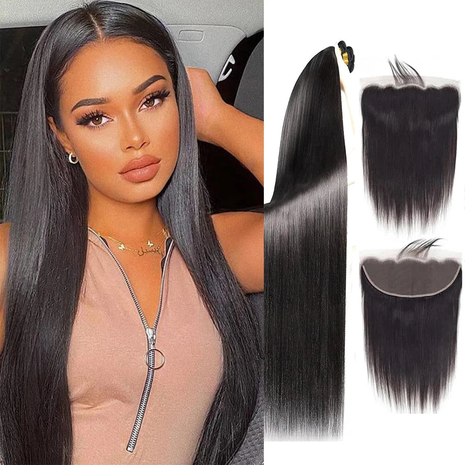 Eine Frau präsentiert ihre glänzenden, geraden LavishBeauty Brazilian Virgin Hair Bundles, vervollkommnet durch ein natürlich aussehendes 13x4 Lace Frontal.