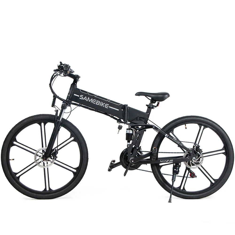 Schwarzes SAMEBIKE LO26-II-IT faltbares elektrisches Fahrrad, zeigt die gesamte Bauweise mit 26-Zoll-Reifen und Federgabel.