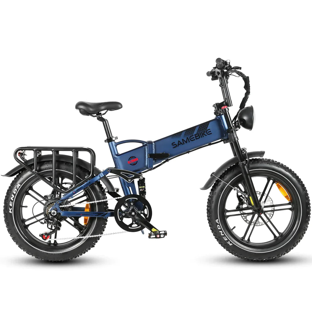 Seitenansicht des Samebike RS-A02 Offroad-E-Bikes in Blau.