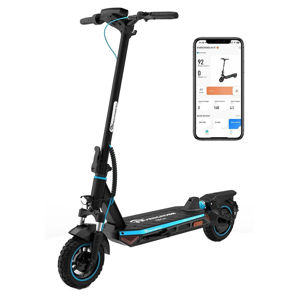 Der Evercross A1 Elektroroller in Schwarz-Blau, begleitet von einer Smartphone-App, die die Funktionen des Rollers zeigt.