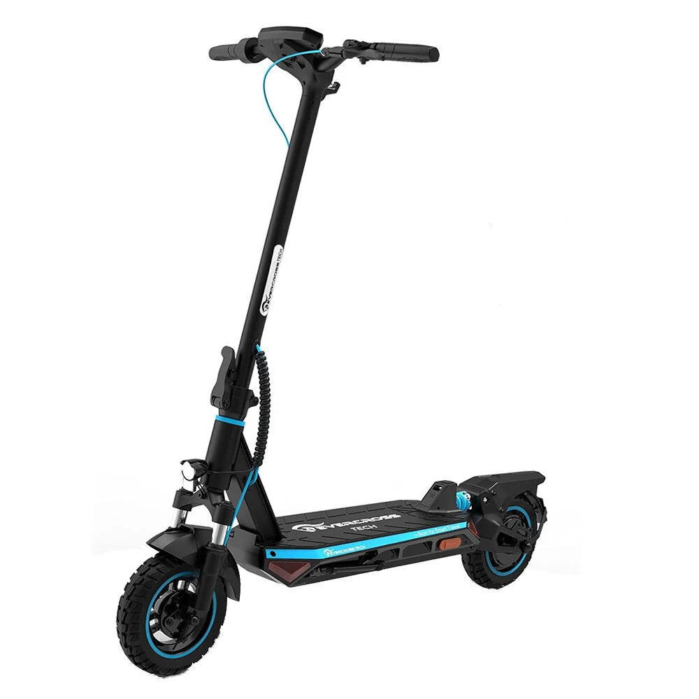 Der Evercross A1 Elektroroller in Schwarz-Blau, mit leuchtenden LED-Leuchten und robusten Off-Road-Reifen.