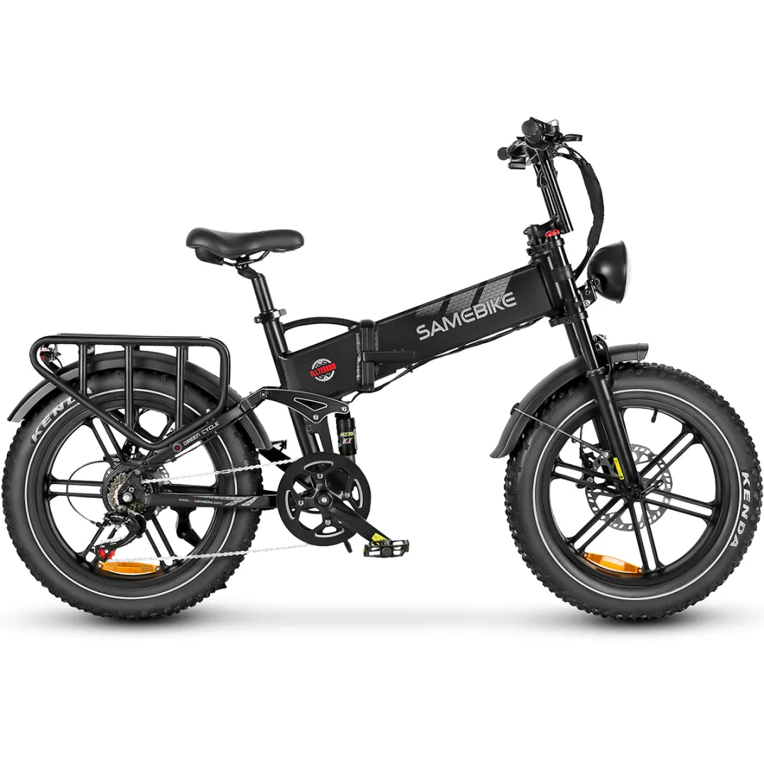 Seitenansicht des Samebike RS-A02 Offroad-E-Bikes in Schwarz.