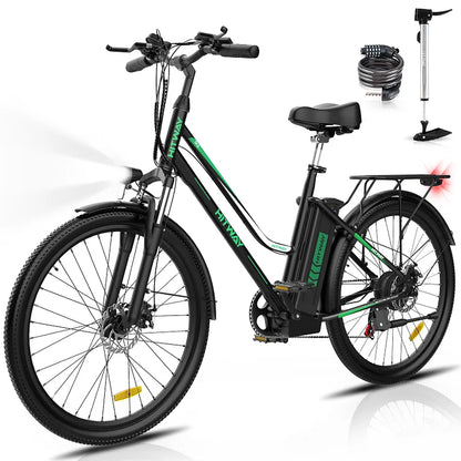 LavishApe HITWAY BK8 Trekking E-Bike in Schwarz mit Zubehör wie Schloss und Luftpumpe.