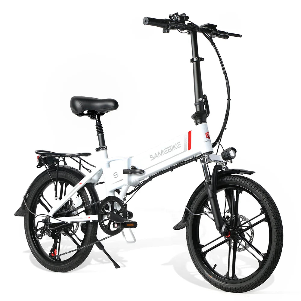 SAMEBIKE 20LVXD30-II faltbares elektrisches Fahrrad in Weiß, ausgeklappt und fahrbereit, mit sichtbarer Federgabel und bürstenlosem Motor.