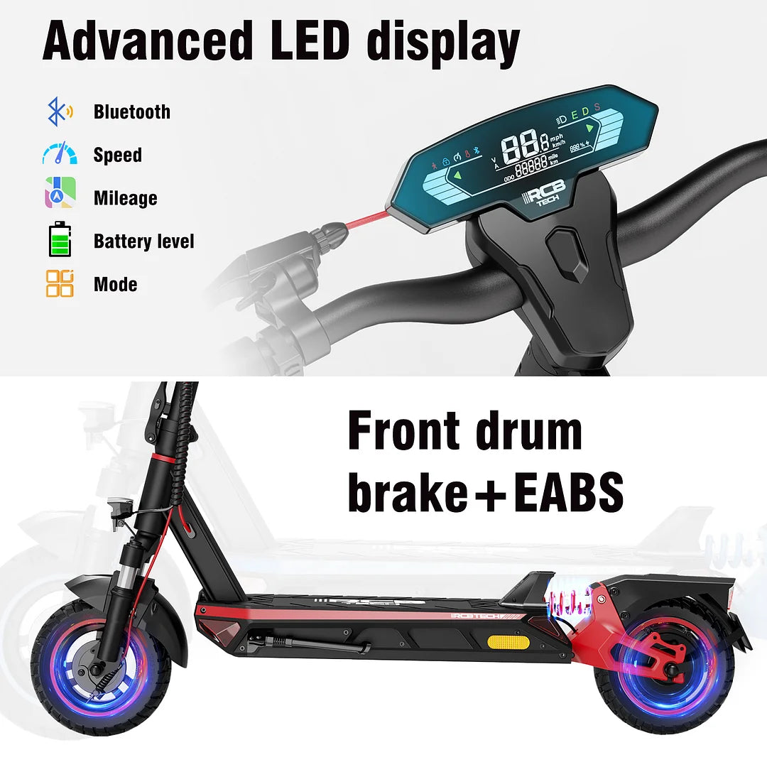 Nahaufnahme des fortschrittlichen LED-Displays des R10S E-Scooters, das Bluetooth, Geschwindigkeit, Kilometerstand, Batteriestand und Modus anzeigt. Unten ist der Scooter mit vorderer Trommelbremse und EABS zu sehen.