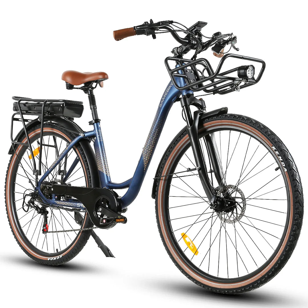 Blaues SAMEBIKE RS-A07 City E-Bike mit braunem Sattel und braunen Lenkergriffen, ausgestattet mit einem 500W Motor und 36V 13Ah Akku.