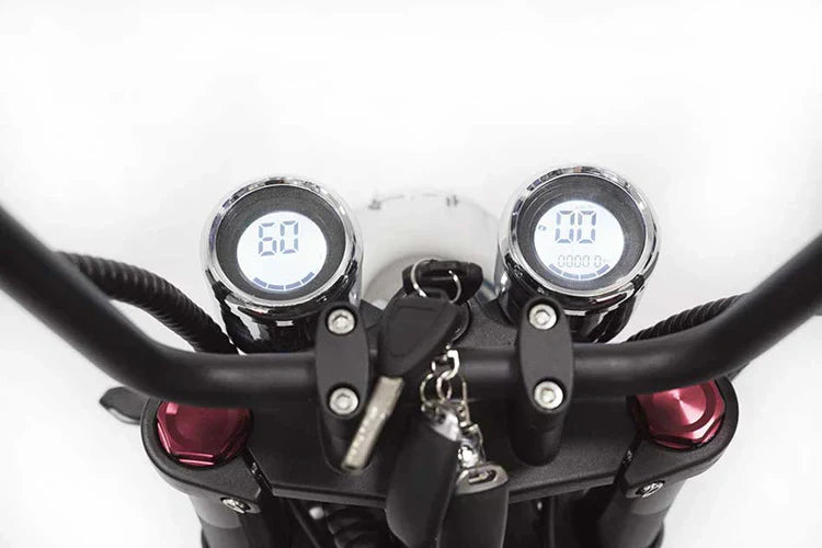 Doppeldisplay im Harley-Stil des Mangosteen M1/M1P Elektro-Choppers, zeigt Geschwindigkeit und andere wichtige Fahrinformationen an.