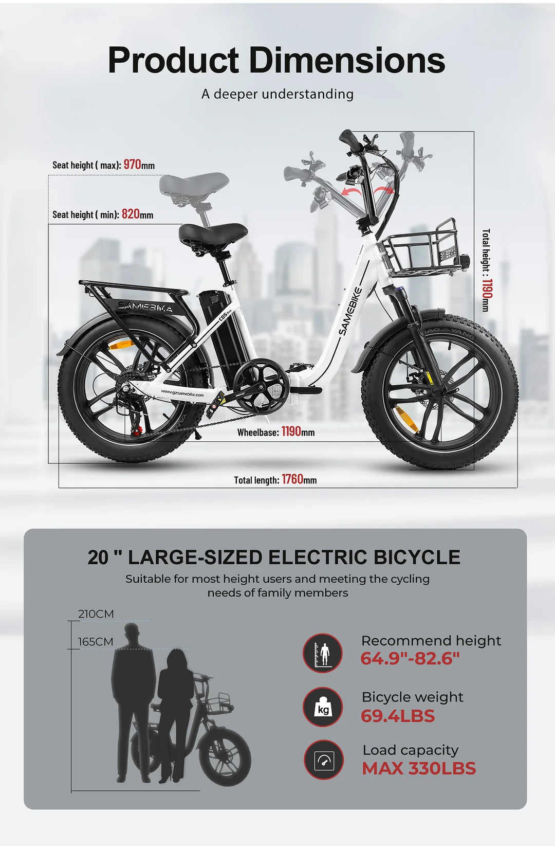 SAMEBIKE C05 Pro E-Bike in Weiß mit 20-Zoll Fat Tires und den Produktdimensionen.