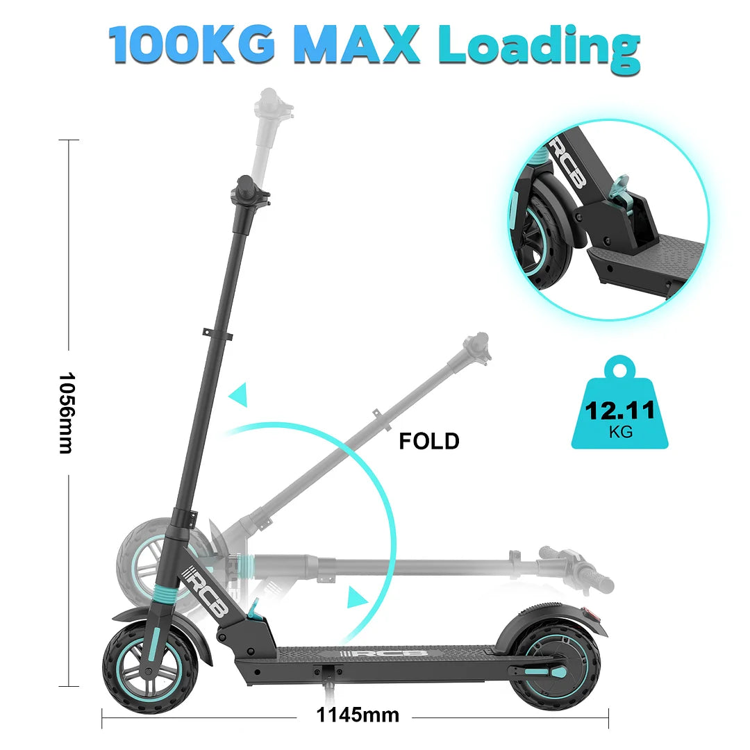 Technische Zeichnung des R13 E-Scooters mit den Abmessungen 1145 mm Länge und 1056 mm Höhe. Der Text hebt die maximale Tragfähigkeit von 100 kg und das Gewicht von 12.11 kg hervor.