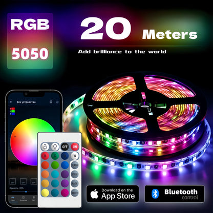 RGB-LED-Streifen, 20 Meter Länge, 5050 Chipsatz, mit Fernbedienung und App-Steuerung über Bluetooth.