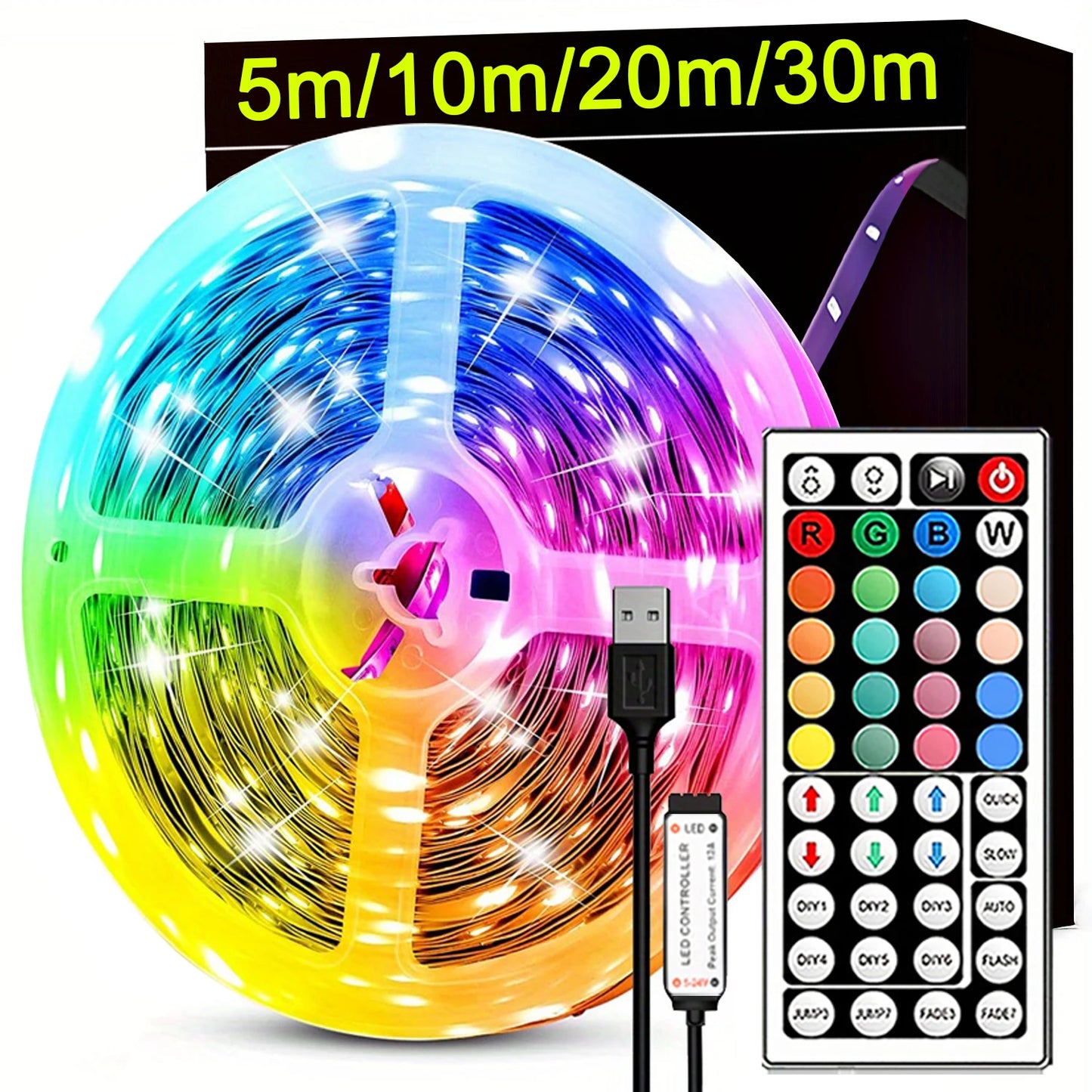 RGB LED Streifen mit USB-Anschluss, 5m, 10m, 20m und 30m Länge, bunte Beleuchtung mit Fernbedienung.