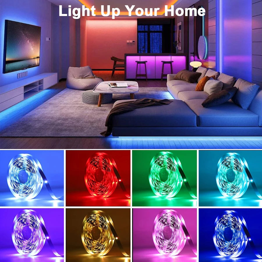 Wohnzimmer mit RGB LED Beleuchtung, verschiedene Farben wie Blau, Rot, Grün und Lila für stimmungsvolles Ambiente.