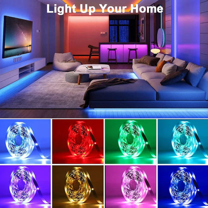 Wohnzimmer mit RGB LED Beleuchtung, verschiedene Farben wie Blau, Rot, Grün und Lila für stimmungsvolles Ambiente.