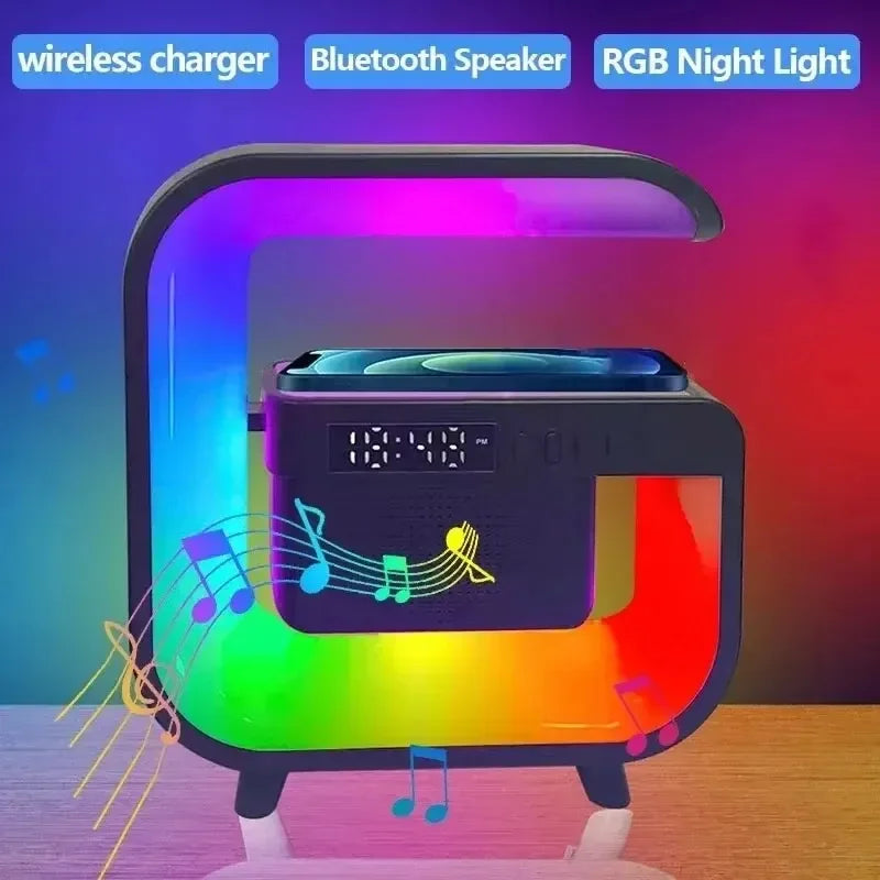 Schwarzes kabelloses Ladegerät mit Bluetooth-Lautsprecher, RGB-Nachtlicht und Musiknoten, Text: "Wireless Charger, Bluetooth Speaker, RGB Night Light".